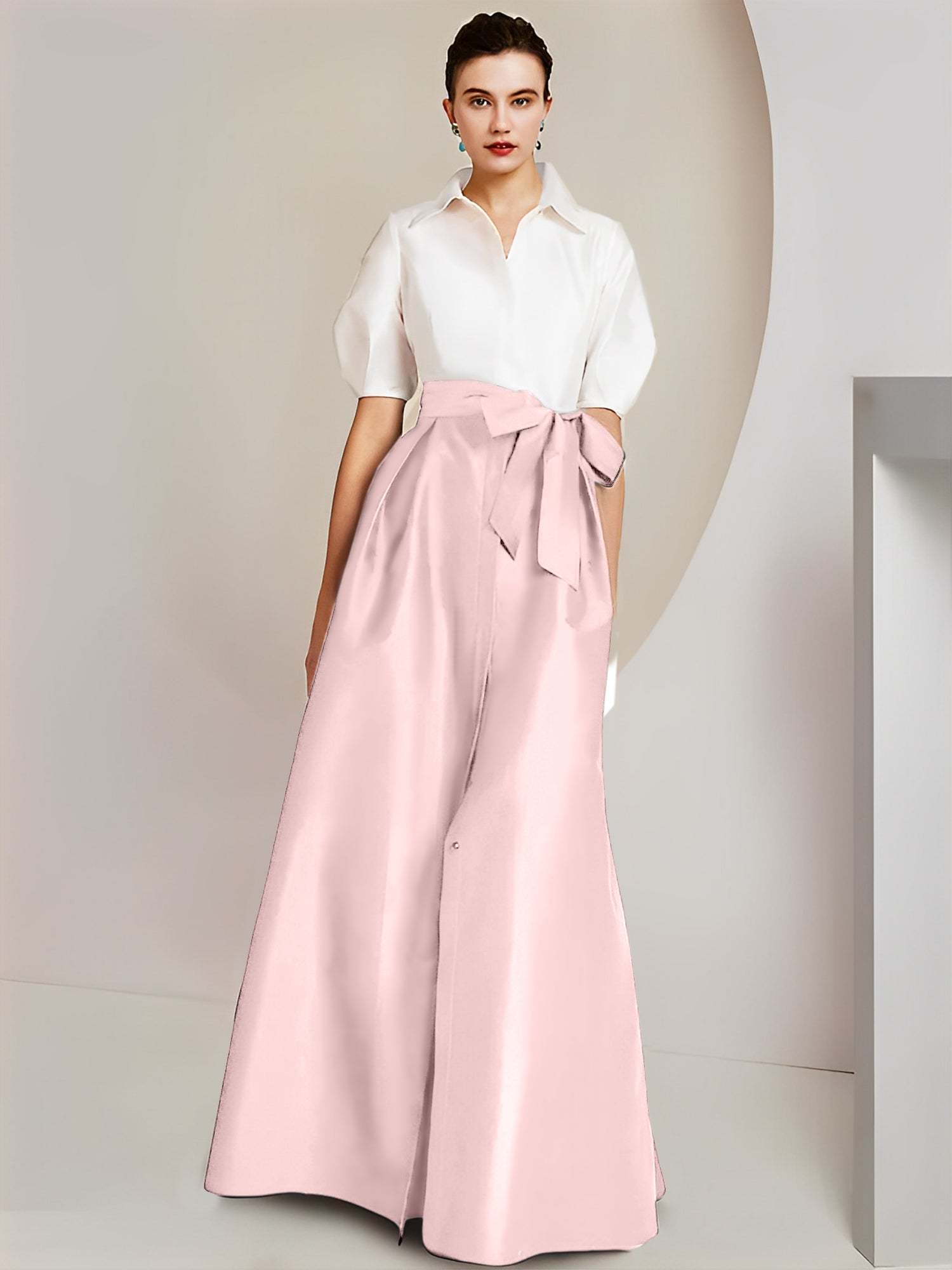 Princess A-Line Shirt Collar Floor-Length 2-Piece Mother of the Bride Dress with Bowknot Short Sleeves-BMbridal.UK