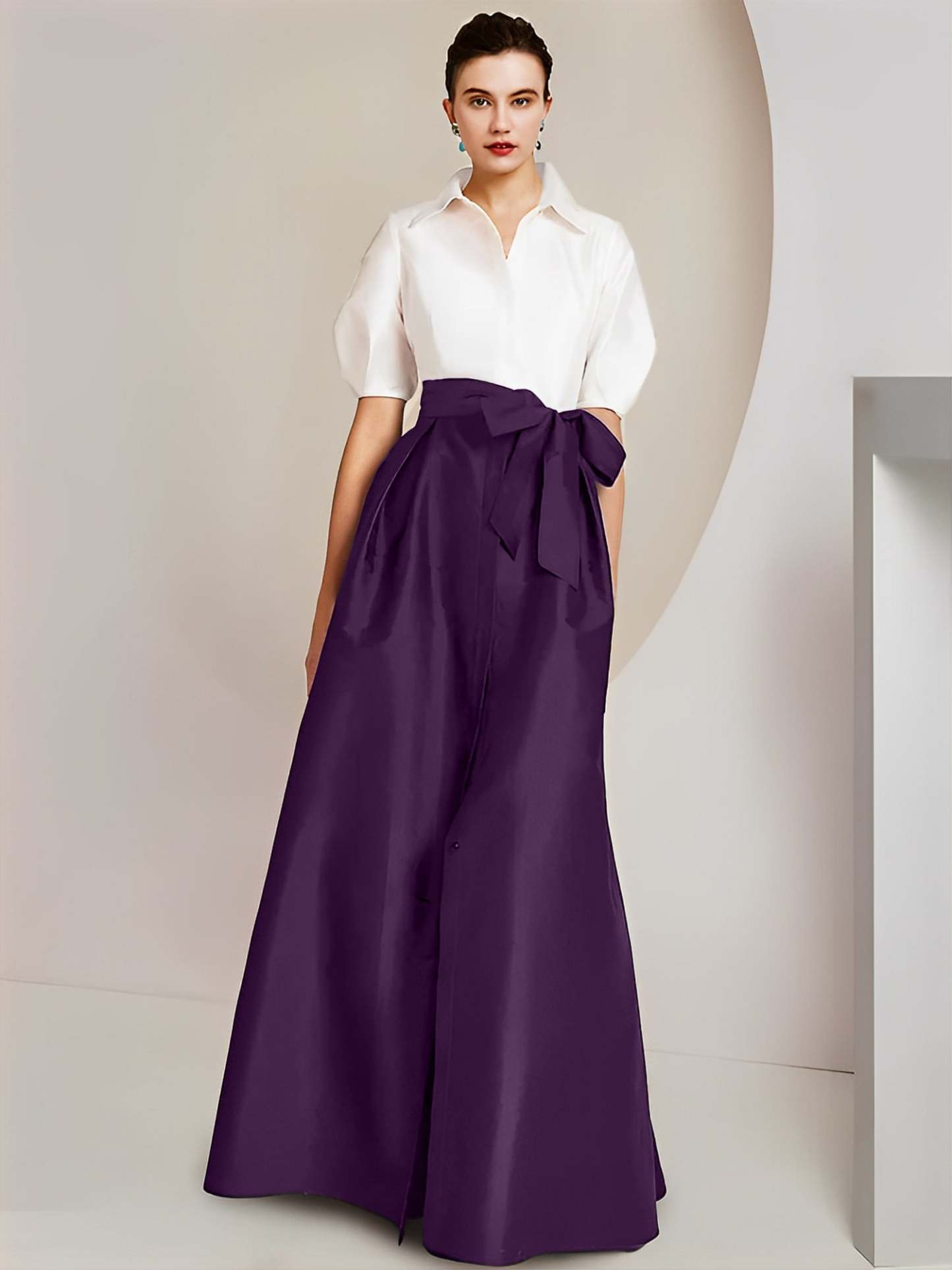 Princess A-Line Shirt Collar Floor-Length 2-Piece Mother of the Bride Dress with Bowknot Short Sleeves-BMbridal.UK