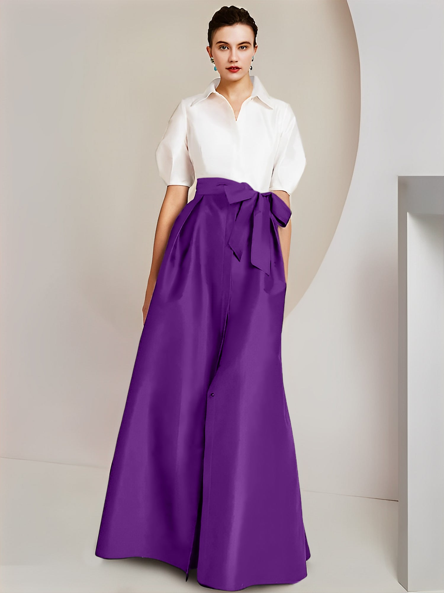 Princess A-Line Shirt Collar Floor-Length 2-Piece Mother of the Bride Dress with Bowknot Short Sleeves-BMbridal.UK