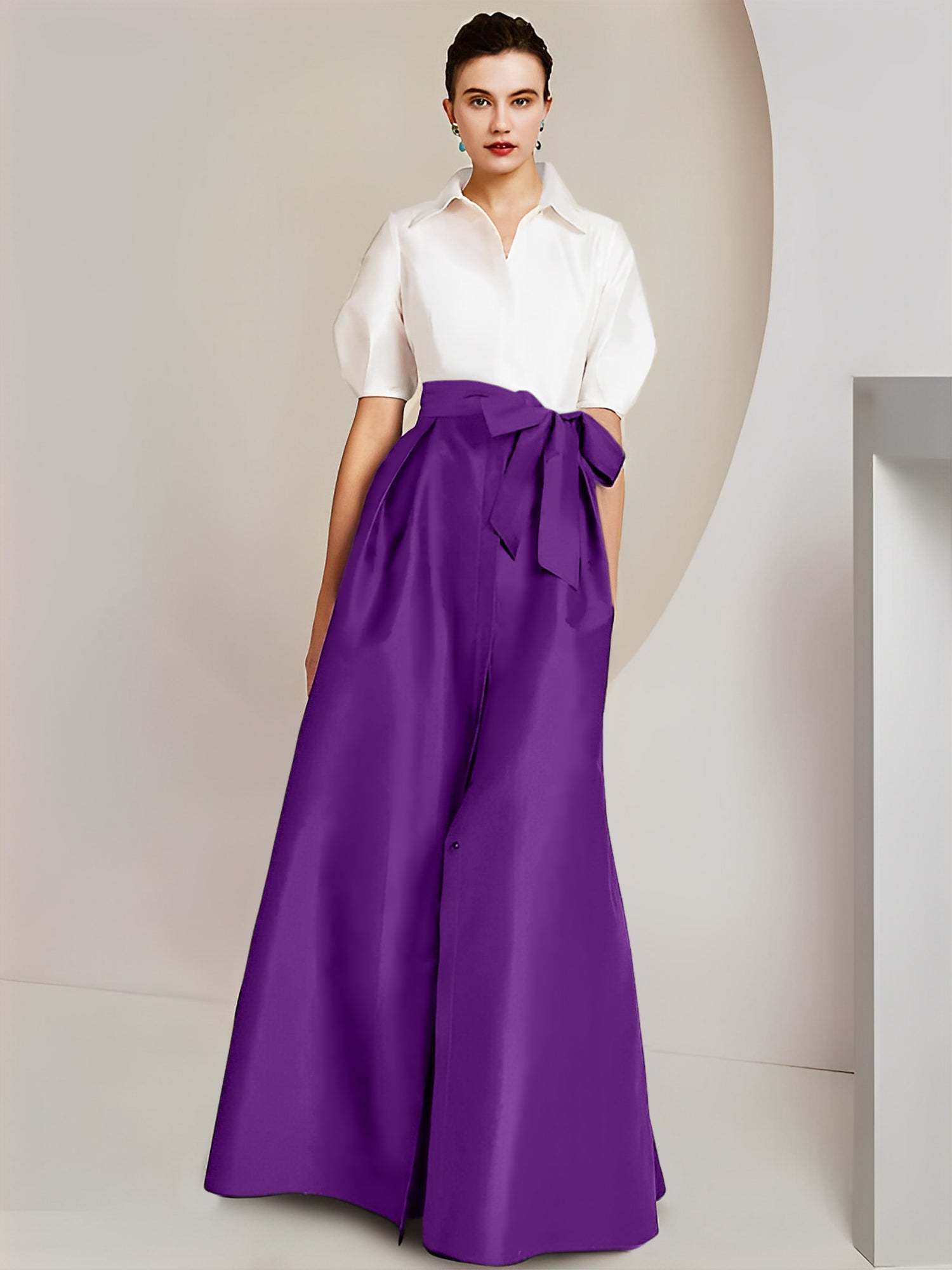 Princess A-Line Shirt Collar Floor-Length 2-Piece Mother of the Bride Dress with Bowknot Short Sleeves-BMbridal.UK