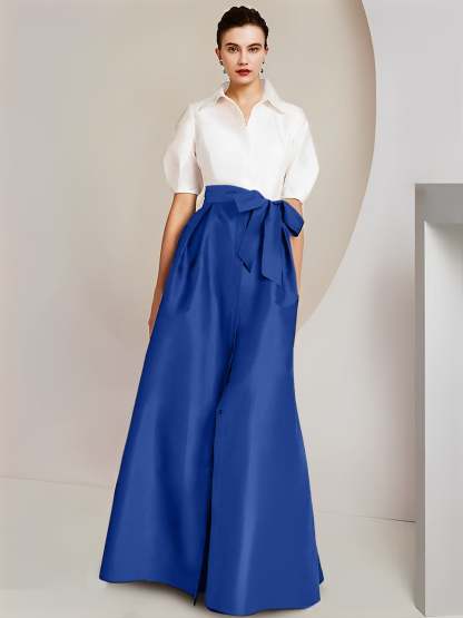 Princess A-Line Shirt Collar Floor-Length 2-Piece Mother of the Bride Dress with Bowknot Short Sleeves-BMbridal.UK