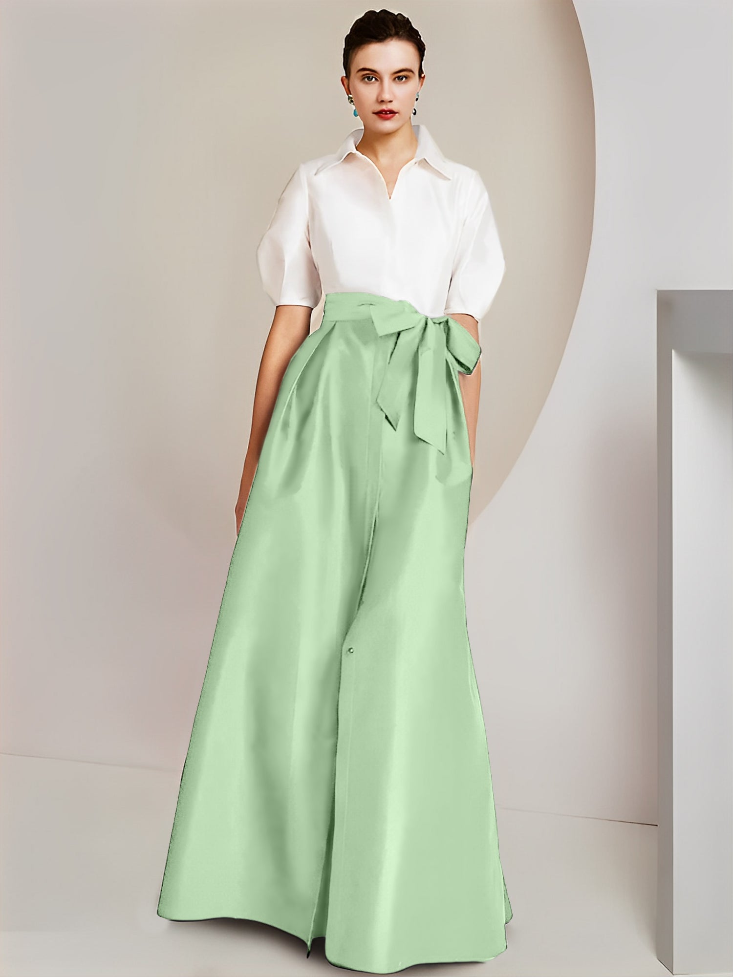 Princess A-Line Shirt Collar Floor-Length 2-Piece Mother of the Bride Dress with Bowknot Short Sleeves-BMbridal.UK