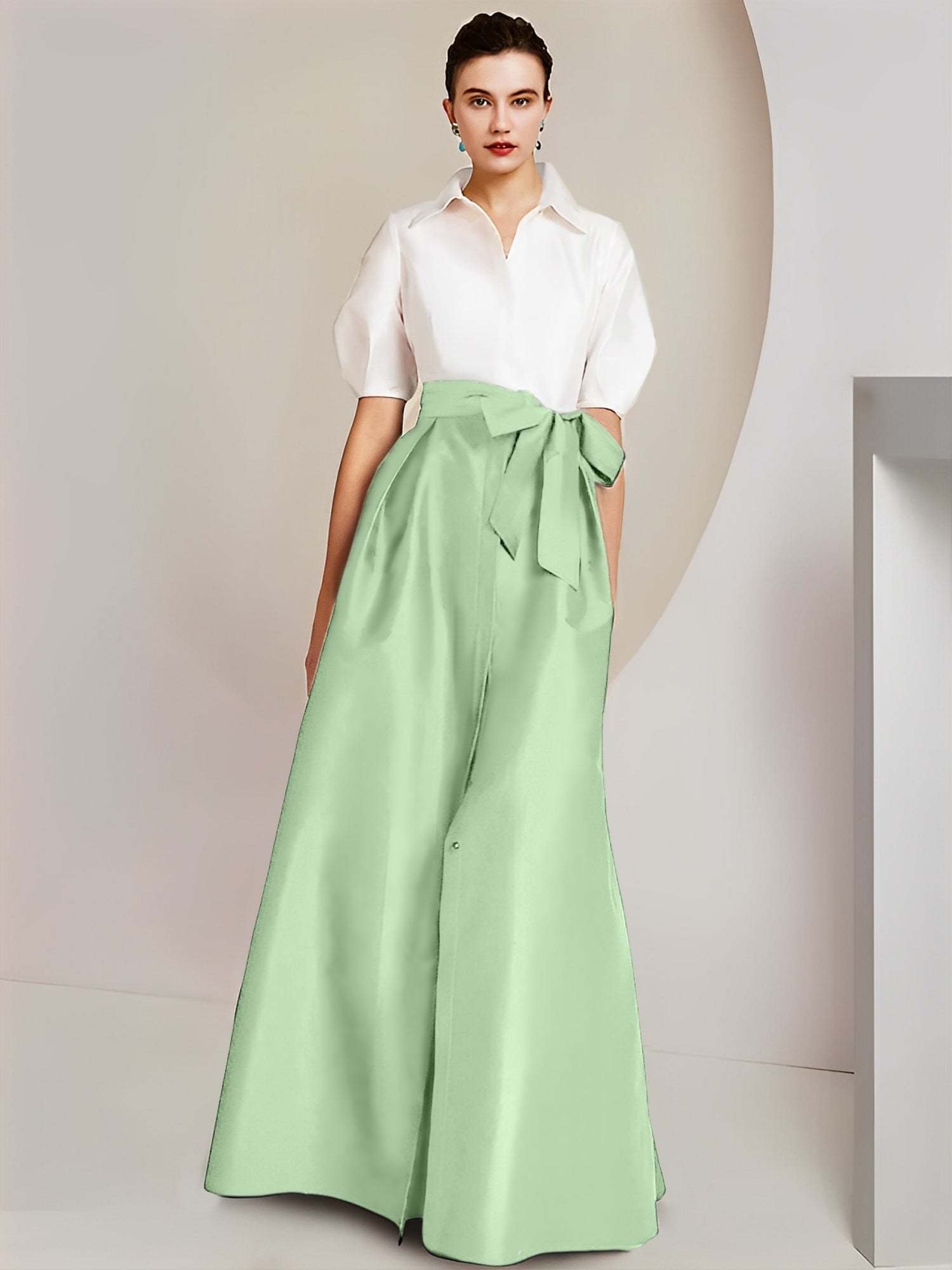 Princess A-Line Shirt Collar Floor-Length 2-Piece Mother of the Bride Dress with Bowknot Short Sleeves-BMbridal.UK