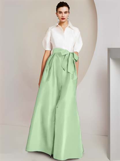 Princess A-Line Shirt Collar Floor-Length 2-Piece Mother of the Bride Dress with Bowknot Short Sleeves-BMbridal.UK