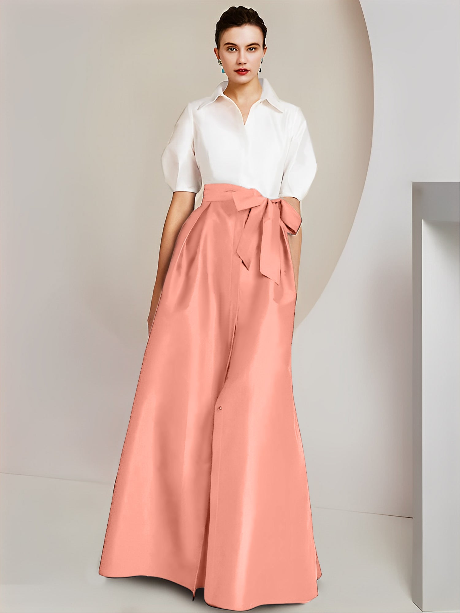 Princess A-Line Shirt Collar Floor-Length 2-Piece Mother of the Bride Dress with Bowknot Short Sleeves-BMbridal.UK