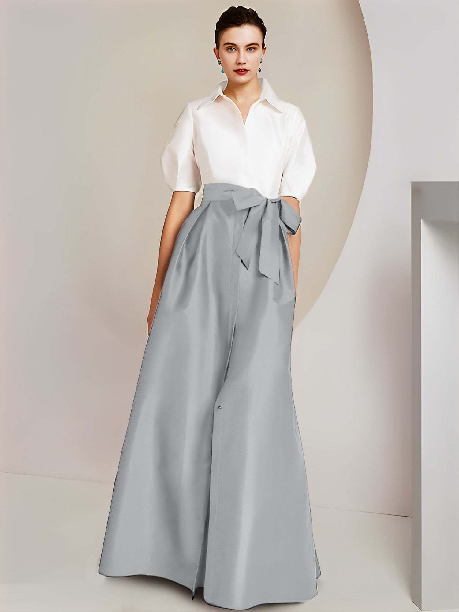 Princess A-Line Shirt Collar Floor-Length 2-Piece Mother of the Bride Dress with Bowknot Short Sleeves-BMbridal.UK