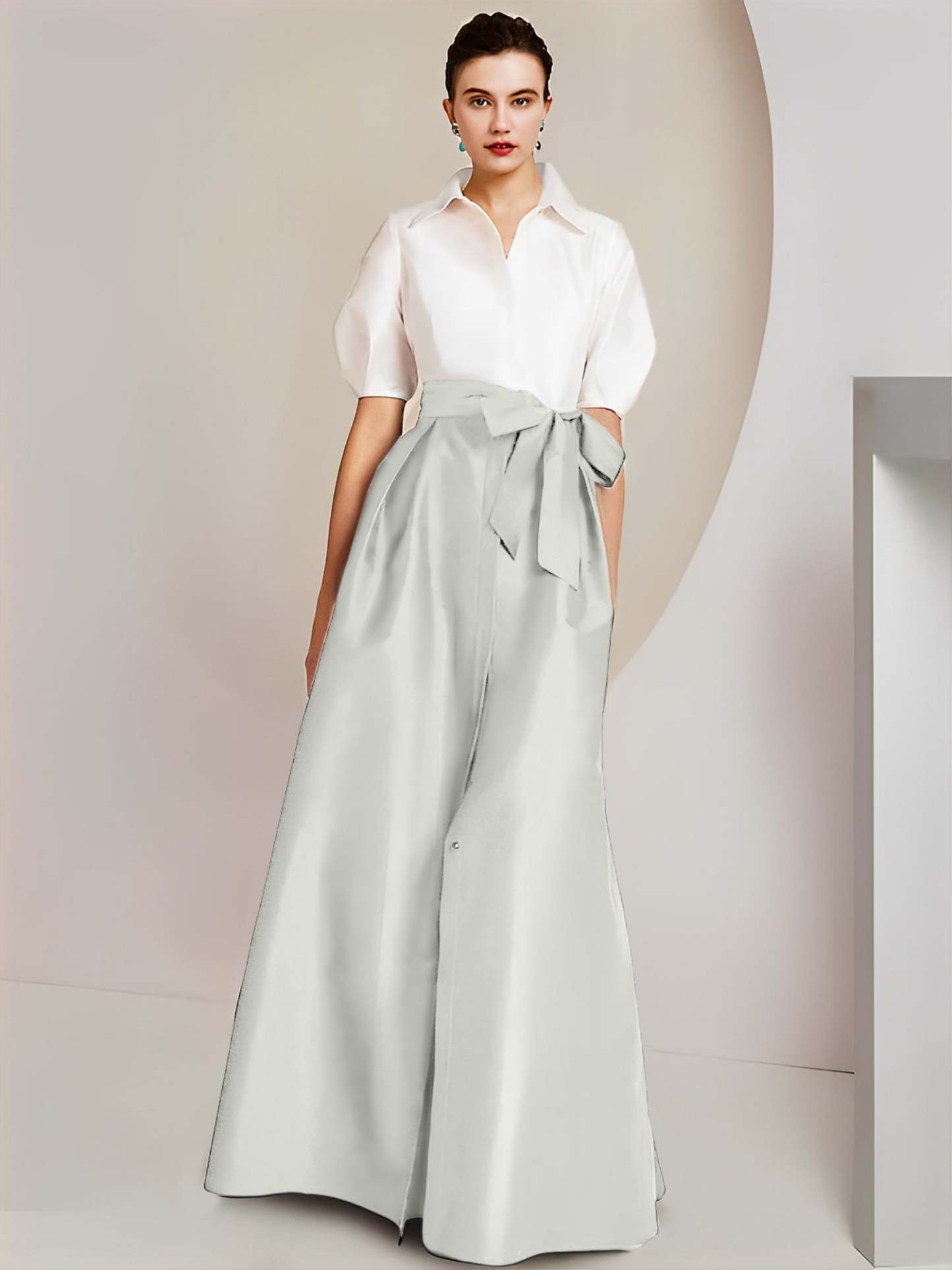 Princess A-Line Shirt Collar Floor-Length 2-Piece Mother of the Bride Dress with Bowknot Short Sleeves-BMbridal.UK