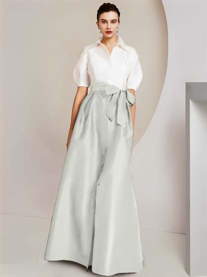 Princess A-Line Shirt Collar Floor-Length 2-Piece Mother of the Bride Dress with Bowknot Short Sleeves-BMbridal.UK