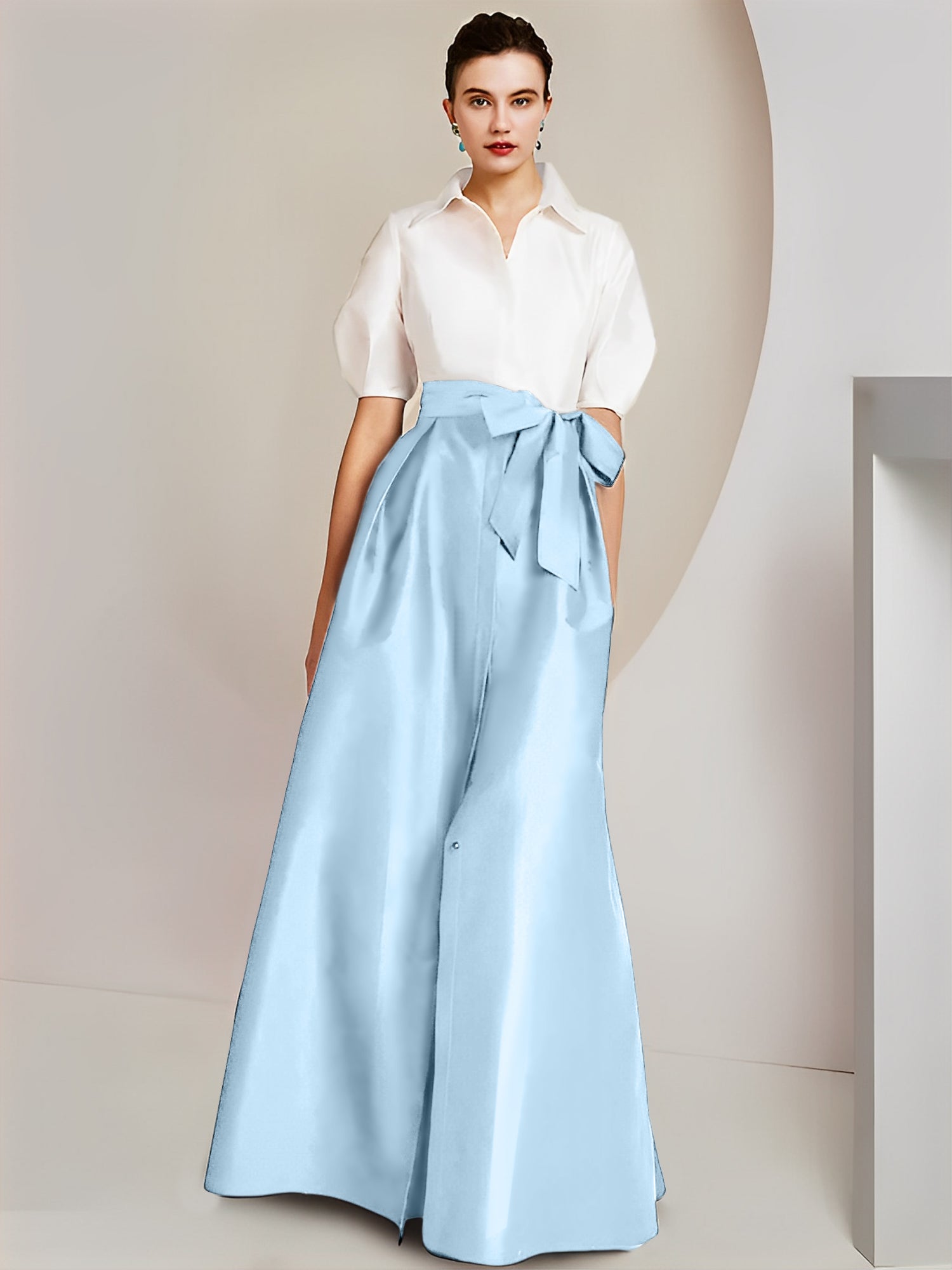 Princess A-Line Shirt Collar Floor-Length 2-Piece Mother of the Bride Dress with Bowknot Short Sleeves-BMbridal.UK