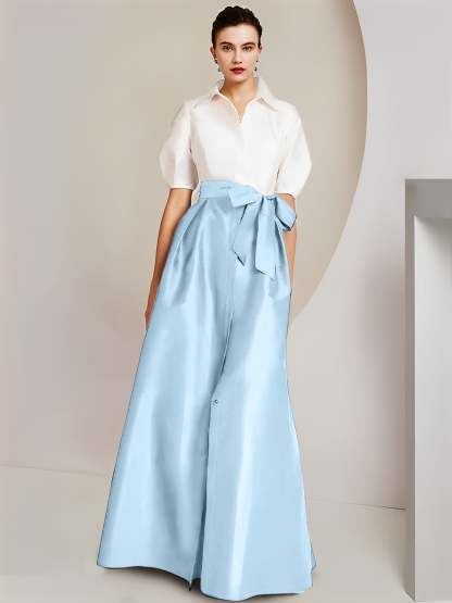 Princess A-Line Shirt Collar Floor-Length 2-Piece Mother of the Bride Dress with Bowknot Short Sleeves-BMbridal.UK