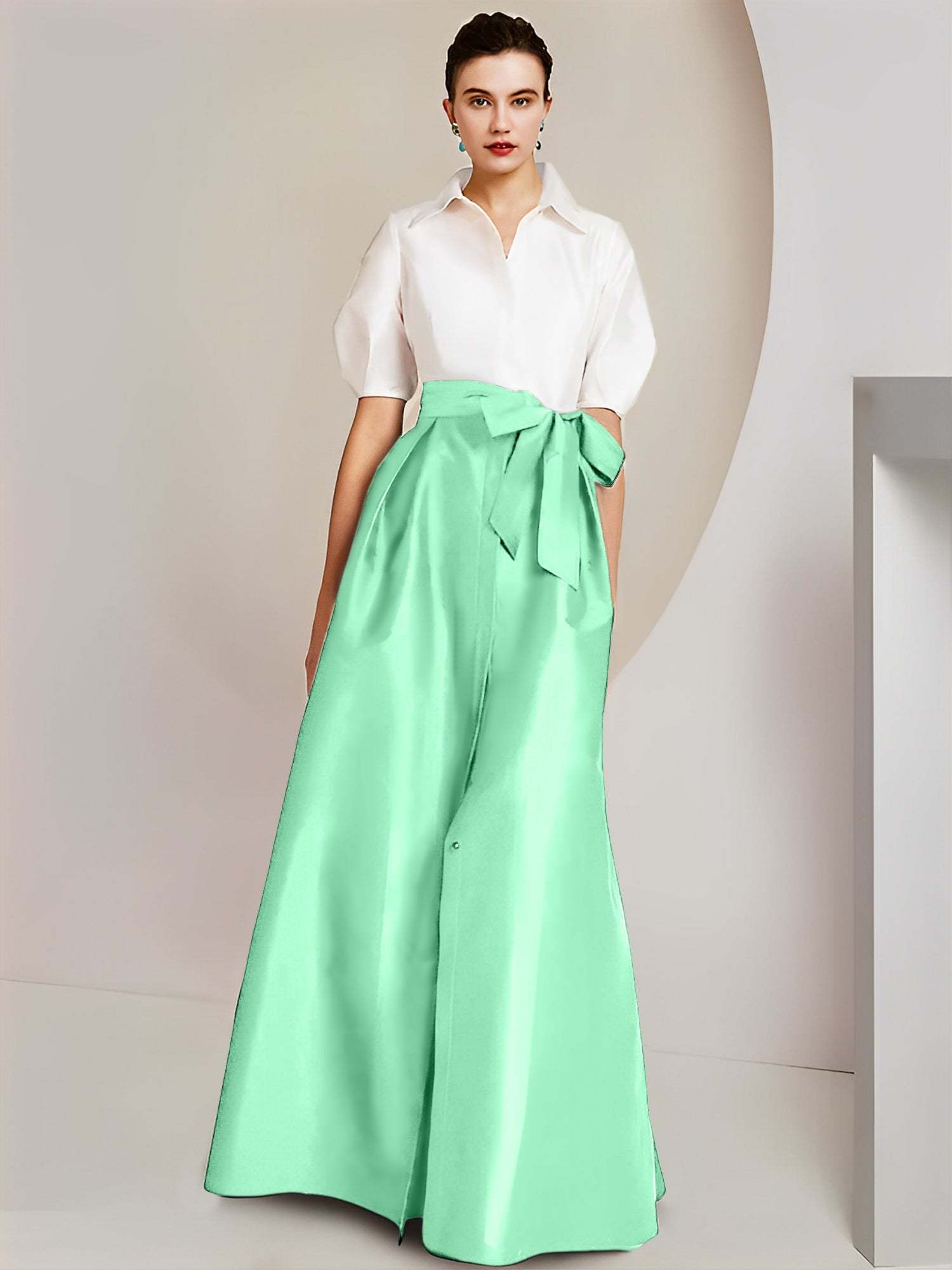 Princess A-Line Shirt Collar Floor-Length 2-Piece Mother of the Bride Dress with Bowknot Short Sleeves-BMbridal.UK
