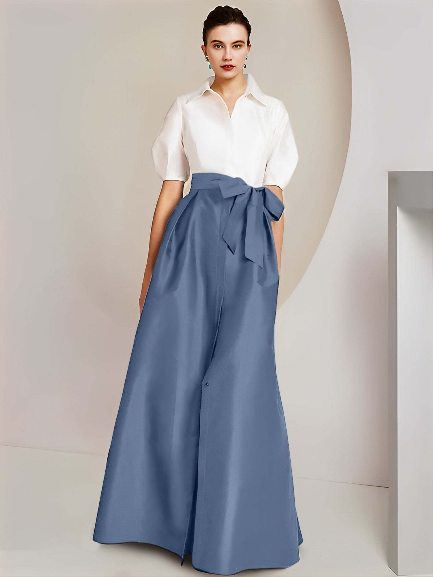 Princess A-Line Shirt Collar Floor-Length 2-Piece Mother of the Bride Dress with Bowknot Short Sleeves-BMbridal.UK