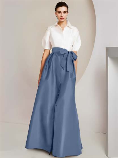 Princess A-Line Shirt Collar Floor-Length 2-Piece Mother of the Bride Dress with Bowknot Short Sleeves-BMbridal.UK