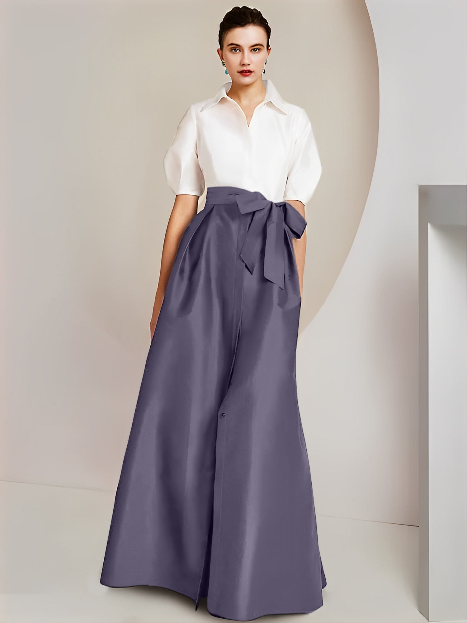 Princess A-Line Shirt Collar Floor-Length 2-Piece Mother of the Bride Dress with Bowknot Short Sleeves-BMbridal.UK