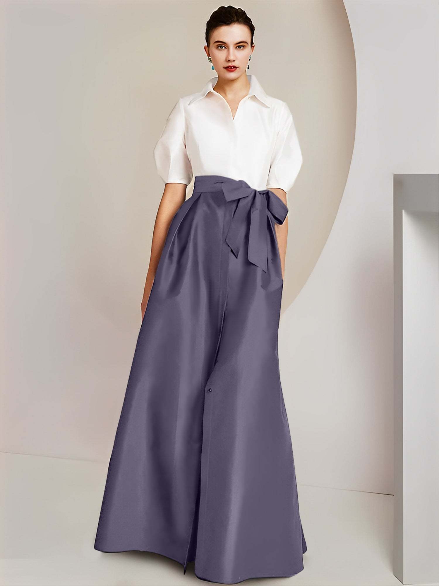 Princess A-Line Shirt Collar Floor-Length 2-Piece Mother of the Bride Dress with Bowknot Short Sleeves-BMbridal.UK