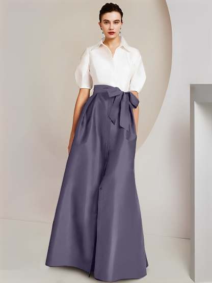 Princess A-Line Shirt Collar Floor-Length 2-Piece Mother of the Bride Dress with Bowknot Short Sleeves-BMbridal.UK