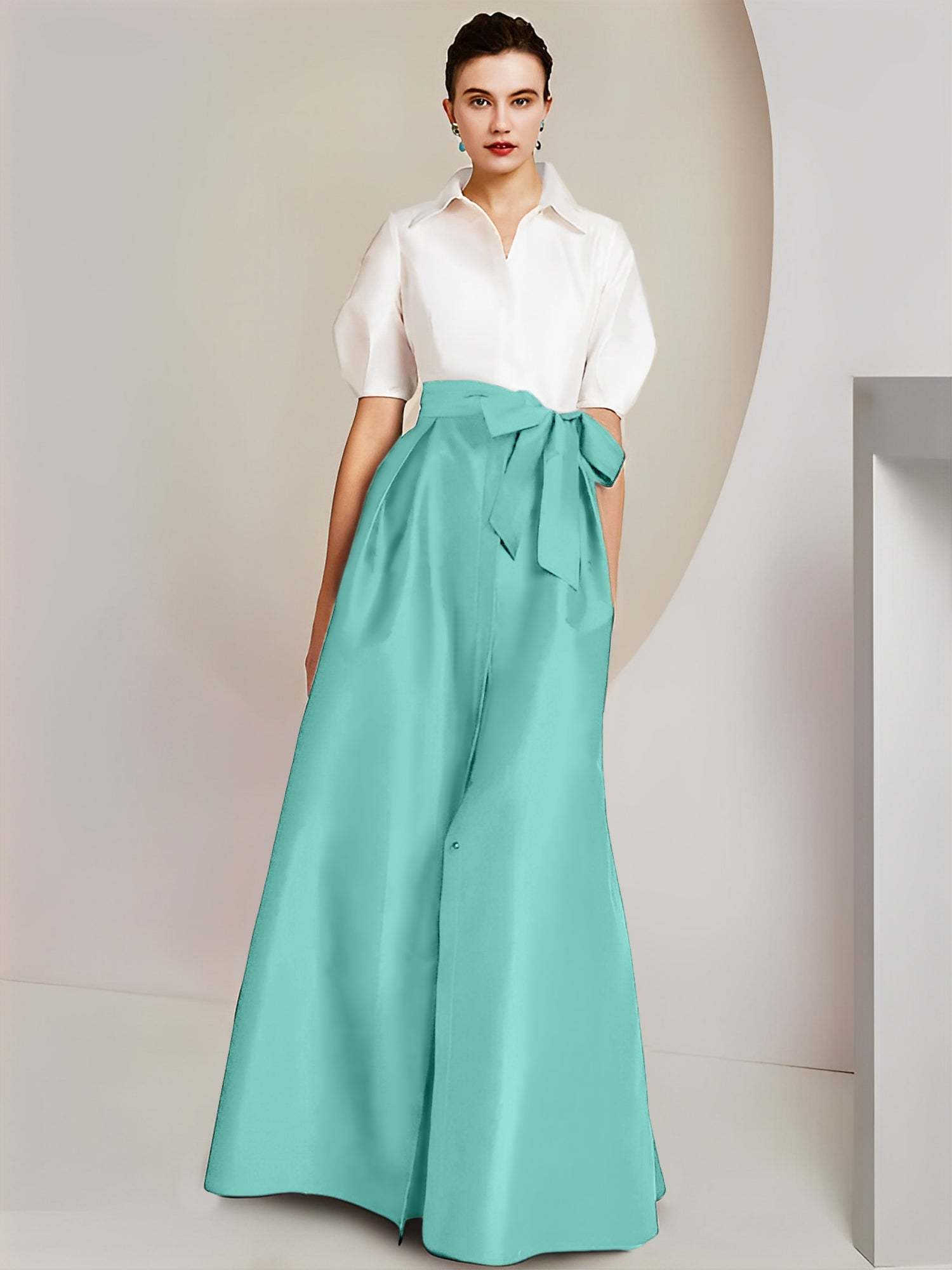 Princess A-Line Shirt Collar Floor-Length 2-Piece Mother of the Bride Dress with Bowknot Short Sleeves-BMbridal.UK