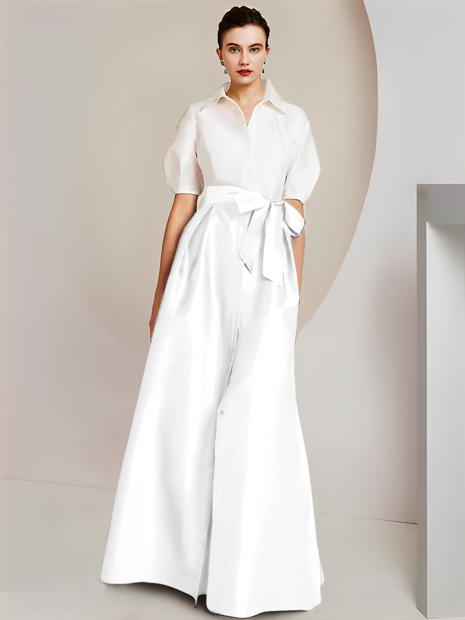 Princess A-Line Shirt Collar Floor-Length 2-Piece Mother of the Bride Dress with Bowknot Short Sleeves-BMbridal.UK
