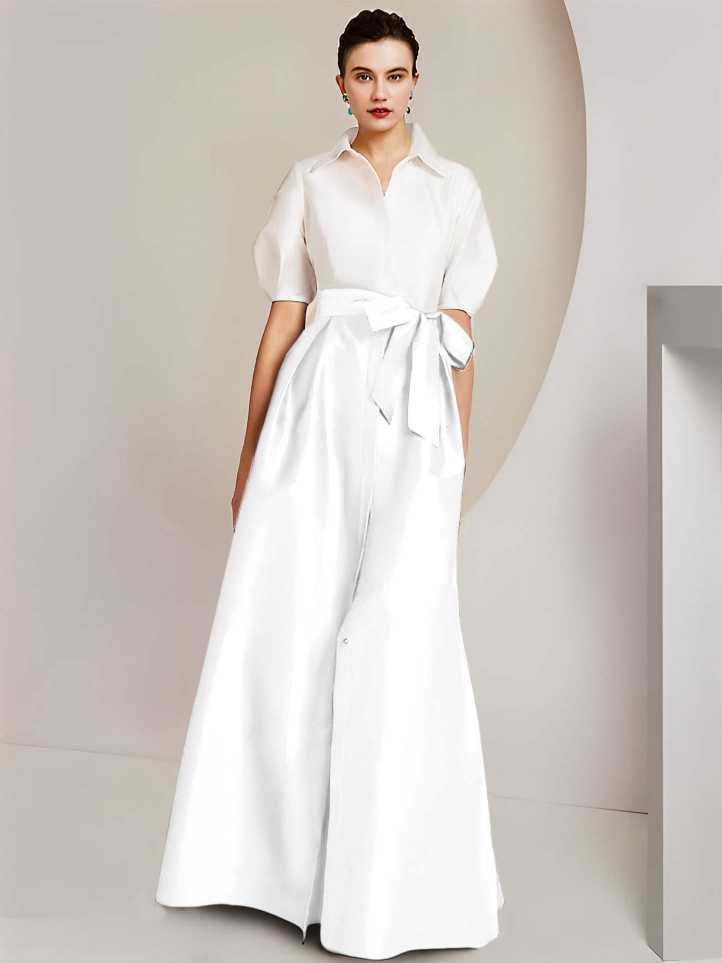 Princess A-Line Shirt Collar Floor-Length 2-Piece Mother of the Bride Dress with Bowknot Short Sleeves-BMbridal.UK