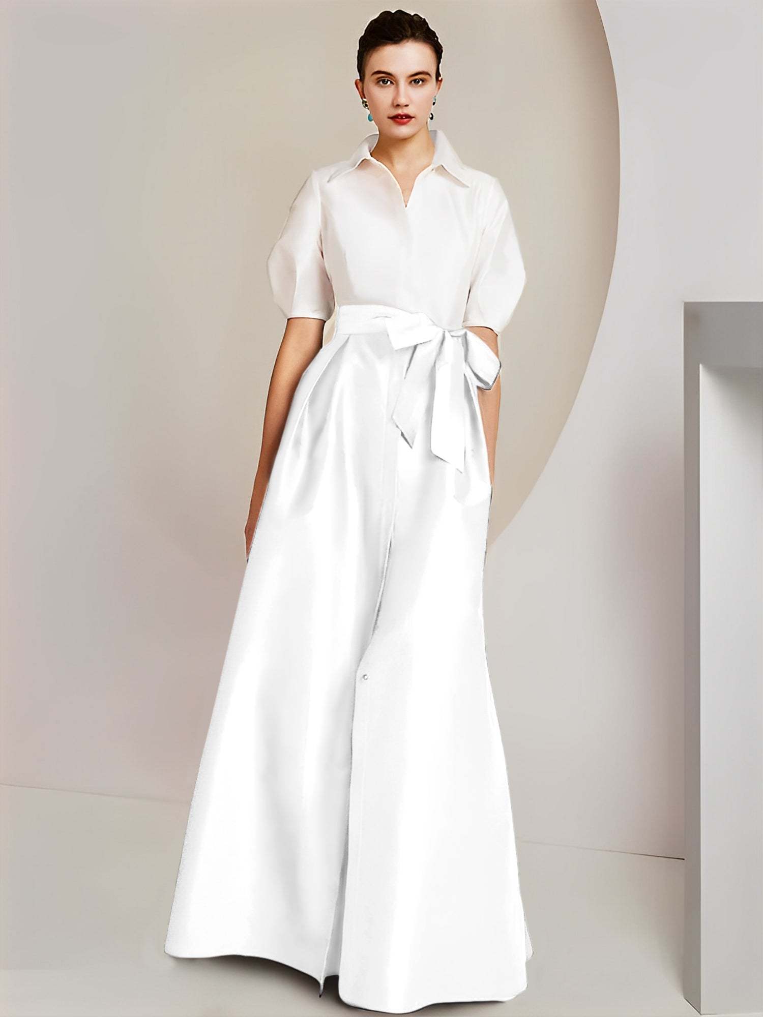 Princess A-Line Shirt Collar Floor-Length 2-Piece Mother of the Bride Dress with Bowknot Short Sleeves-BMbridal.UK
