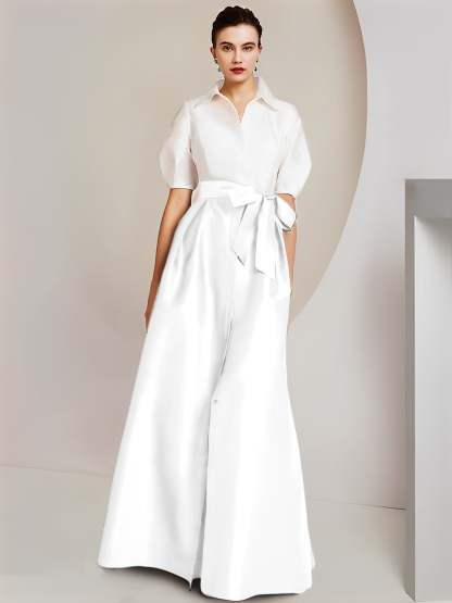 Princess A-Line Shirt Collar Floor-Length 2-Piece Mother of the Bride Dress with Bowknot Short Sleeves-BMbridal.UK