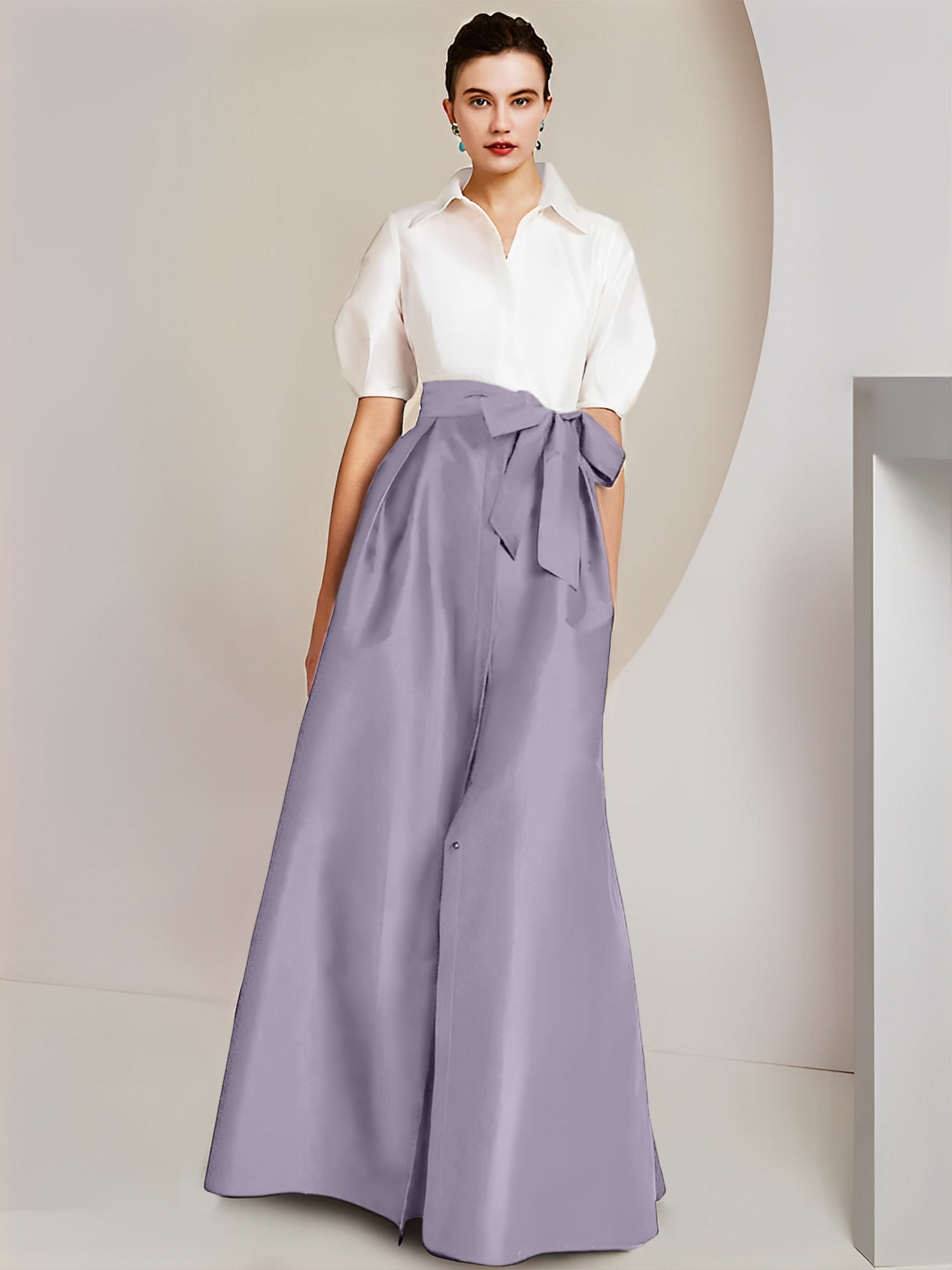 Princess A-Line Shirt Collar Floor-Length 2-Piece Mother of the Bride Dress with Bowknot Short Sleeves-BMbridal.UK