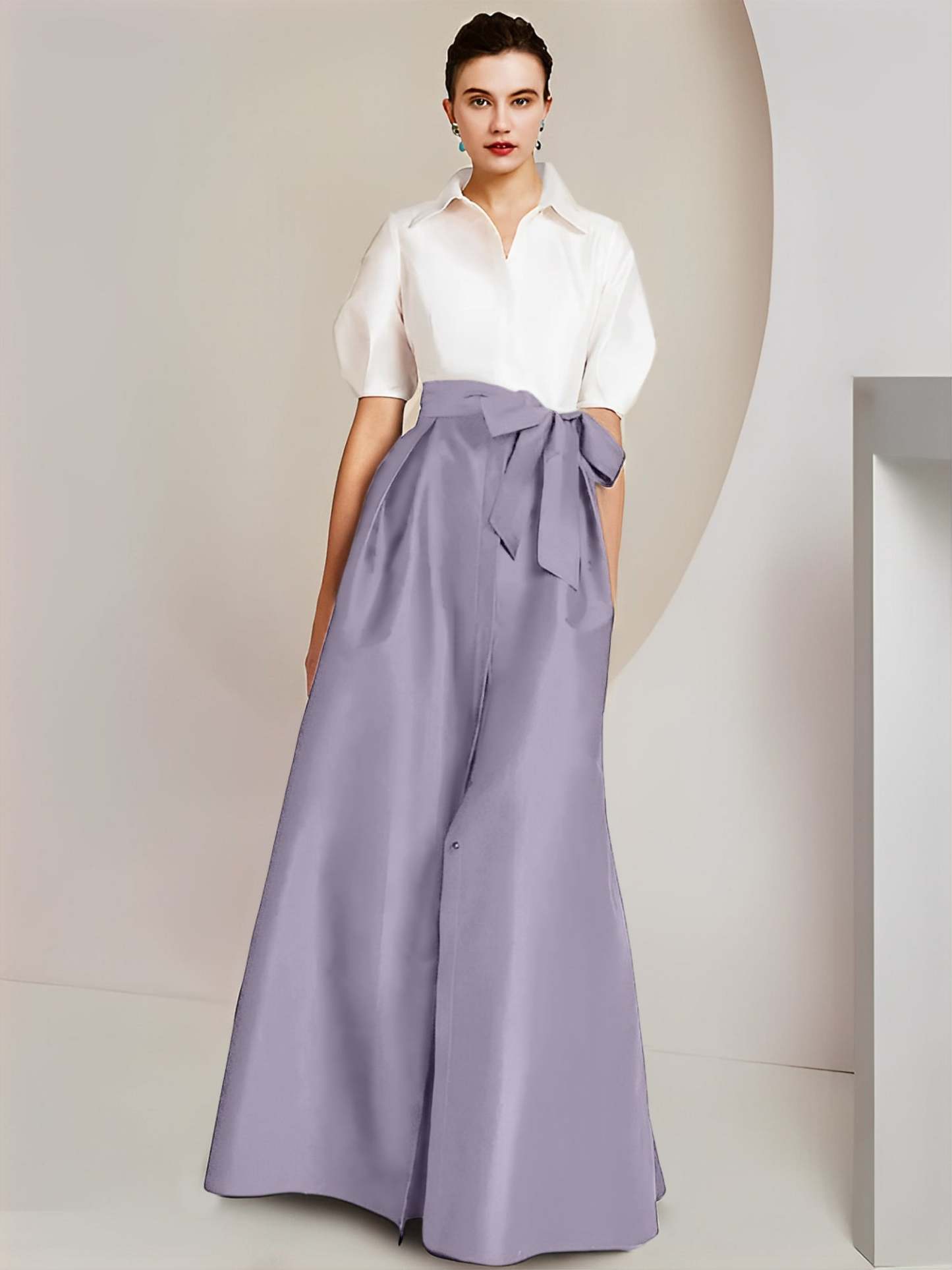 Princess A-Line Shirt Collar Floor-Length 2-Piece Mother of the Bride Dress with Bowknot Short Sleeves-BMbridal.UK