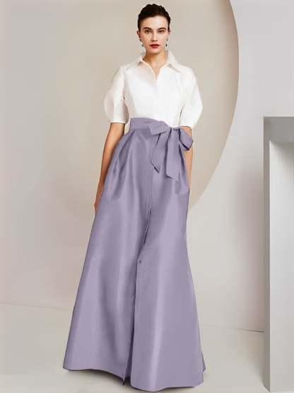 Princess A-Line Shirt Collar Floor-Length 2-Piece Mother of the Bride Dress with Bowknot Short Sleeves-BMbridal.UK