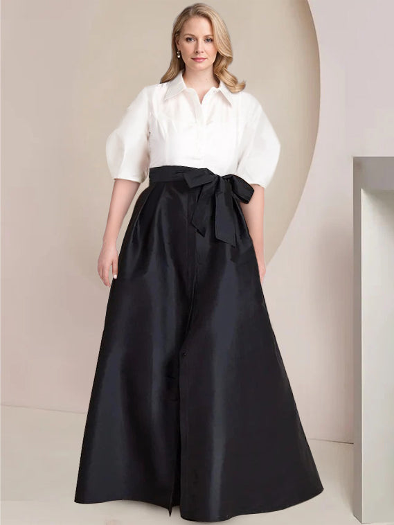 Princess A-Line Shirt Collar Floor-Length 2-Piece Mother of the Bride Dress with Bowknot Short Sleeves-BMbridal.UK