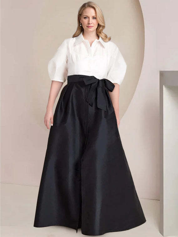 Princess A-Line Shirt Collar Floor-Length 2-Piece Mother of the Bride Dress with Bowknot Short Sleeves-BMbridal.UK