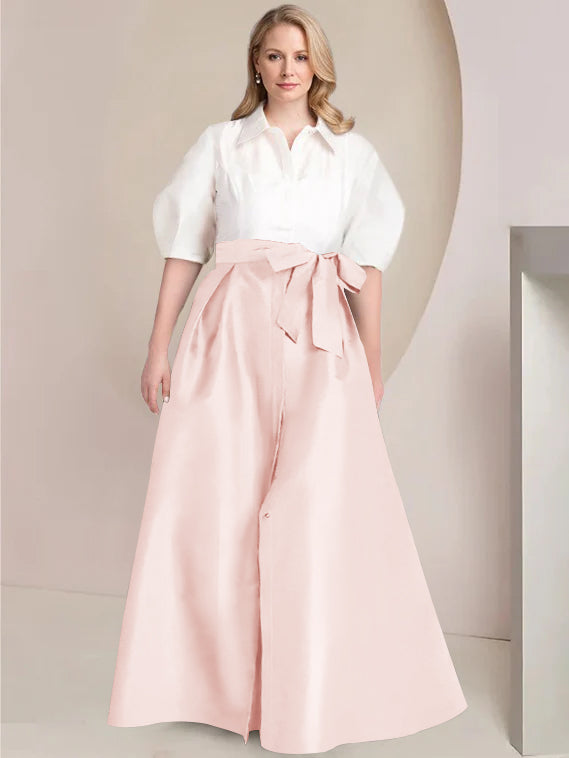 Princess A-Line Shirt Collar Floor-Length 2-Piece Plus Size Mother of the Bride Dress with Bowknot