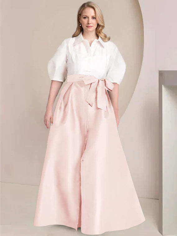 Princess A-Line Shirt Collar Floor-Length 2-Piece Plus Size Mother of the Bride Dress with Bowknot