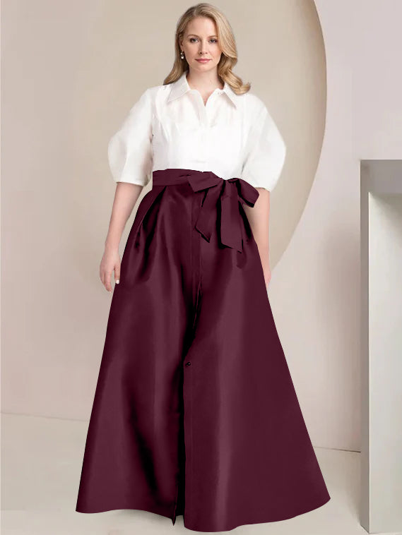 Princess A-Line Shirt Collar Floor-Length 2-Piece Plus Size Mother of the Bride Dress with Bowknot