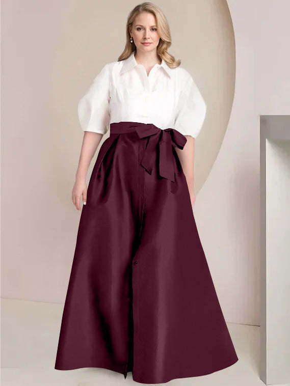Princess A-Line Shirt Collar Floor-Length 2-Piece Plus Size Mother of the Bride Dress with Bowknot