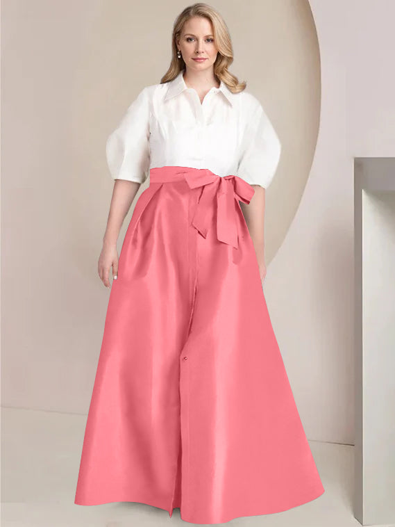 Princess A-Line Shirt Collar Floor-Length 2-Piece Plus Size Mother of the Bride Dress with Bowknot
