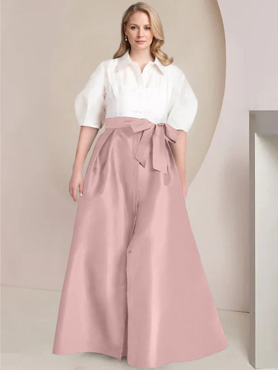 Princess A-Line Shirt Collar Floor-Length 2-Piece Plus Size Mother of the Bride Dress with Bowknot