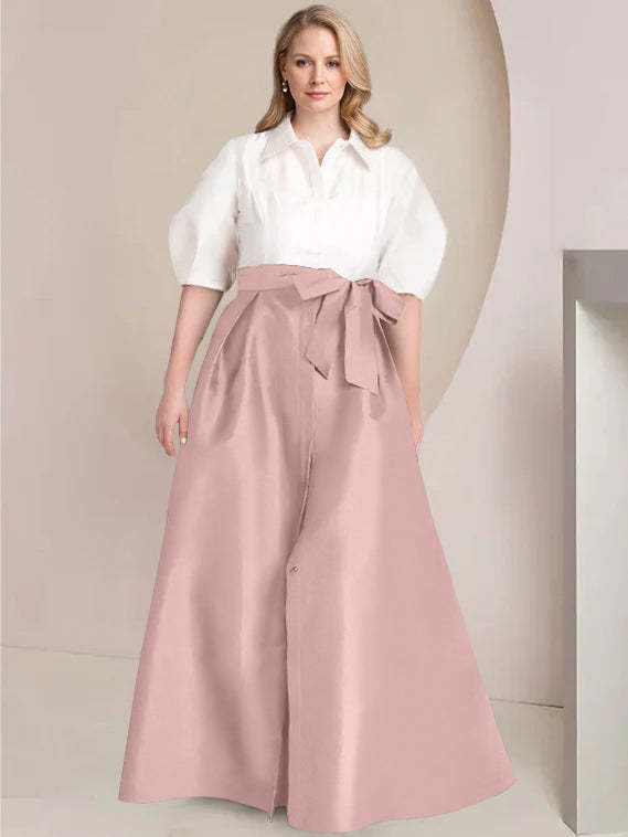 Princess A-Line Shirt Collar Floor-Length 2-Piece Plus Size Mother of the Bride Dress with Bowknot