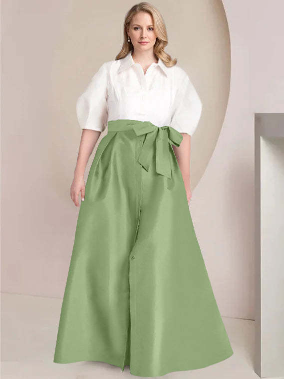 Princess A-Line Shirt Collar Floor-Length 2-Piece Plus Size Mother of the Bride Dress with Bowknot