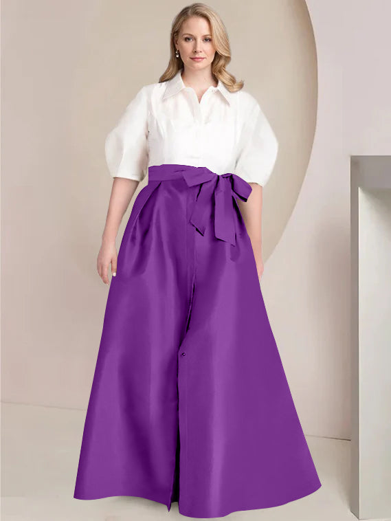 Princess A-Line Shirt Collar Floor-Length 2-Piece Plus Size Mother of the Bride Dress with Bowknot
