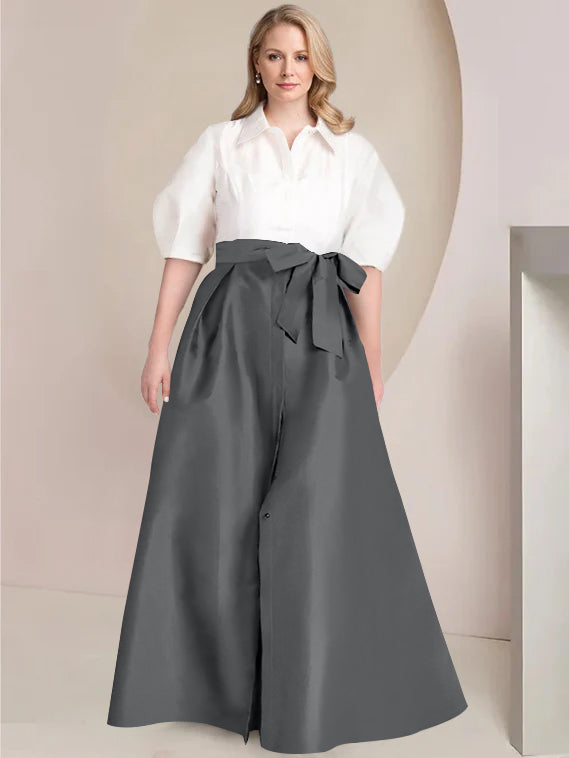 Princess A-Line Shirt Collar Floor-Length 2-Piece Plus Size Mother of the Bride Dress with Bowknot