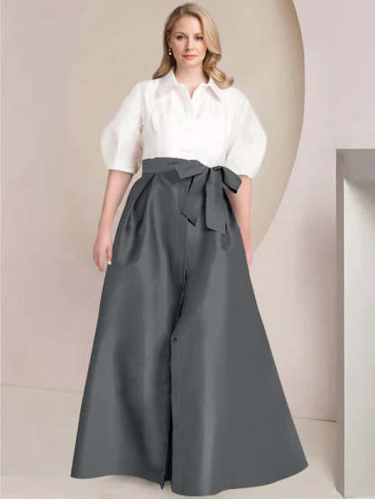 Princess A-Line Shirt Collar Floor-Length 2-Piece Plus Size Mother of the Bride Dress with Bowknot