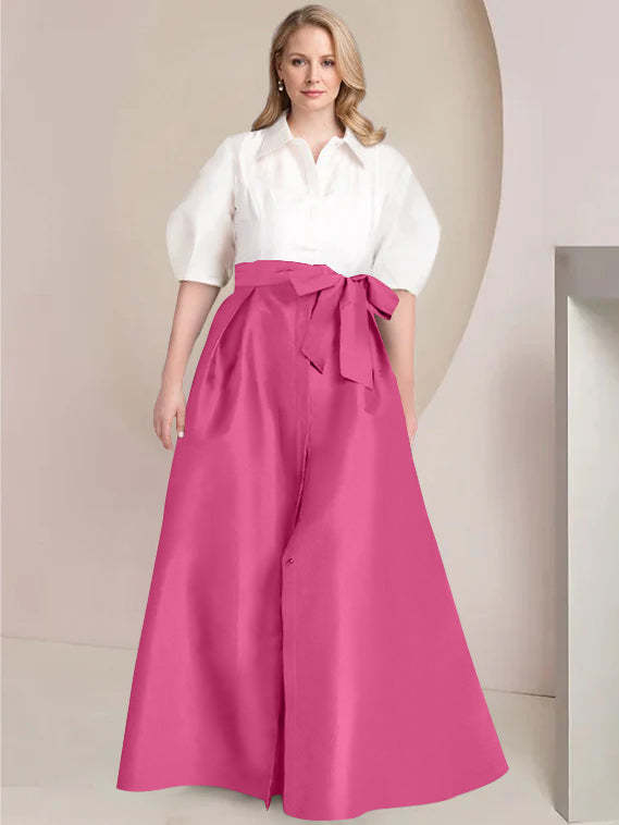 Princess A-Line Shirt Collar Floor-Length 2-Piece Plus Size Mother of the Bride Dress with Bowknot