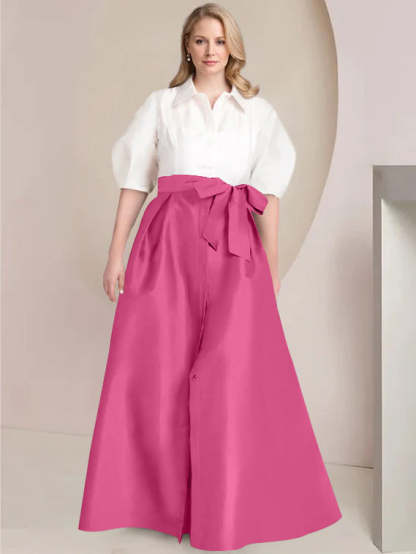 Princess A-Line Shirt Collar Floor-Length 2-Piece Plus Size Mother of the Bride Dress with Bowknot