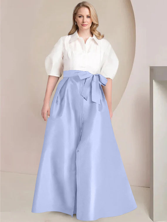 Princess A-Line Shirt Collar Floor-Length 2-Piece Plus Size Mother of the Bride Dress with Bowknot