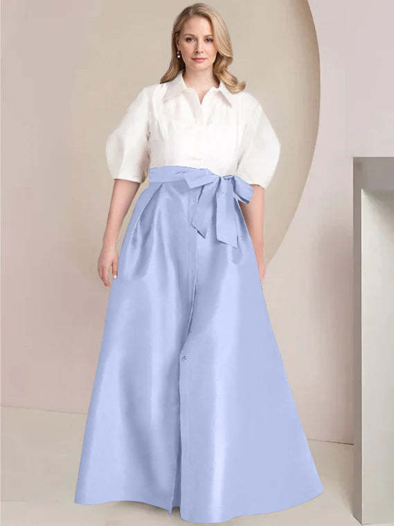 Princess A-Line Shirt Collar Floor-Length 2-Piece Plus Size Mother of the Bride Dress with Bowknot