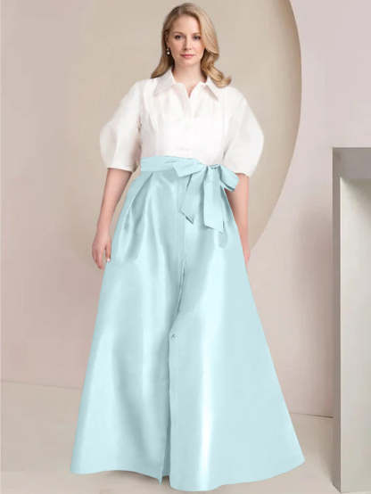 Princess A-Line Shirt Collar Floor-Length 2-Piece Plus Size Mother of the Bride Dress with Bowknot