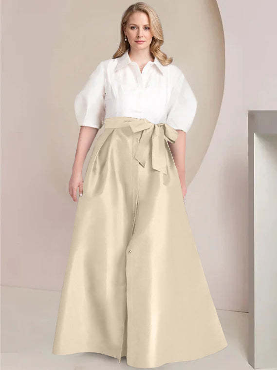 Princess A-Line Shirt Collar Floor-Length 2-Piece Plus Size Mother of the Bride Dress with Bowknot