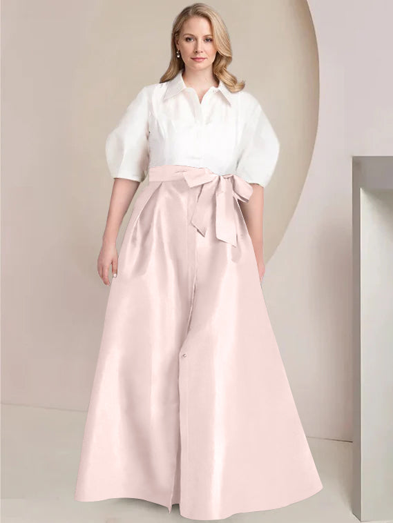 Princess A-Line Shirt Collar Floor-Length 2-Piece Plus Size Mother of the Bride Dress with Bowknot