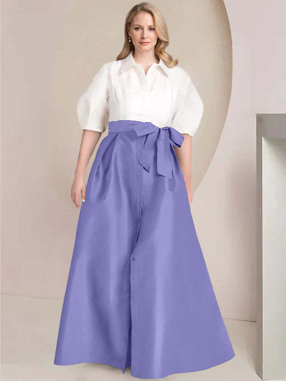 Princess A-Line Shirt Collar Floor-Length 2-Piece Plus Size Mother of the Bride Dress with Bowknot