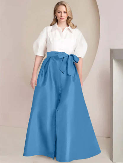 Princess A-Line Shirt Collar Floor-Length 2-Piece Plus Size Mother of the Bride Dress with Bowknot